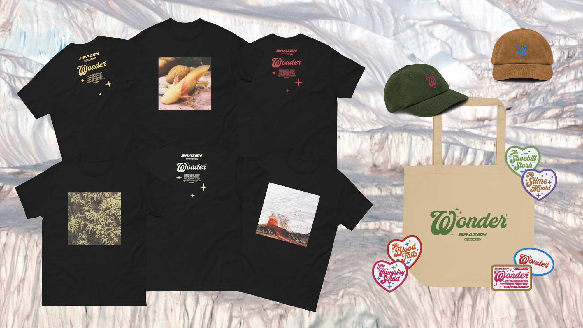 A photo collage of merchandise for the Wonder podcast, including images of the fronts and backs of three black colored t-shirts, an off-white colored tote bag with the Wonder logo on it, an olive green hat, a brown hat, and six stickers of the Wonder logo and various episode titles.